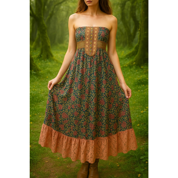 Nanette Lepore Dresses & Skirts - Nanette Lepore Fairy Boho Silk Strapless Floral Maxi Dress Lace Hem Corset Sz 4